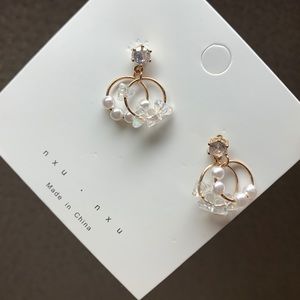 Golden double hoop pearl earrings